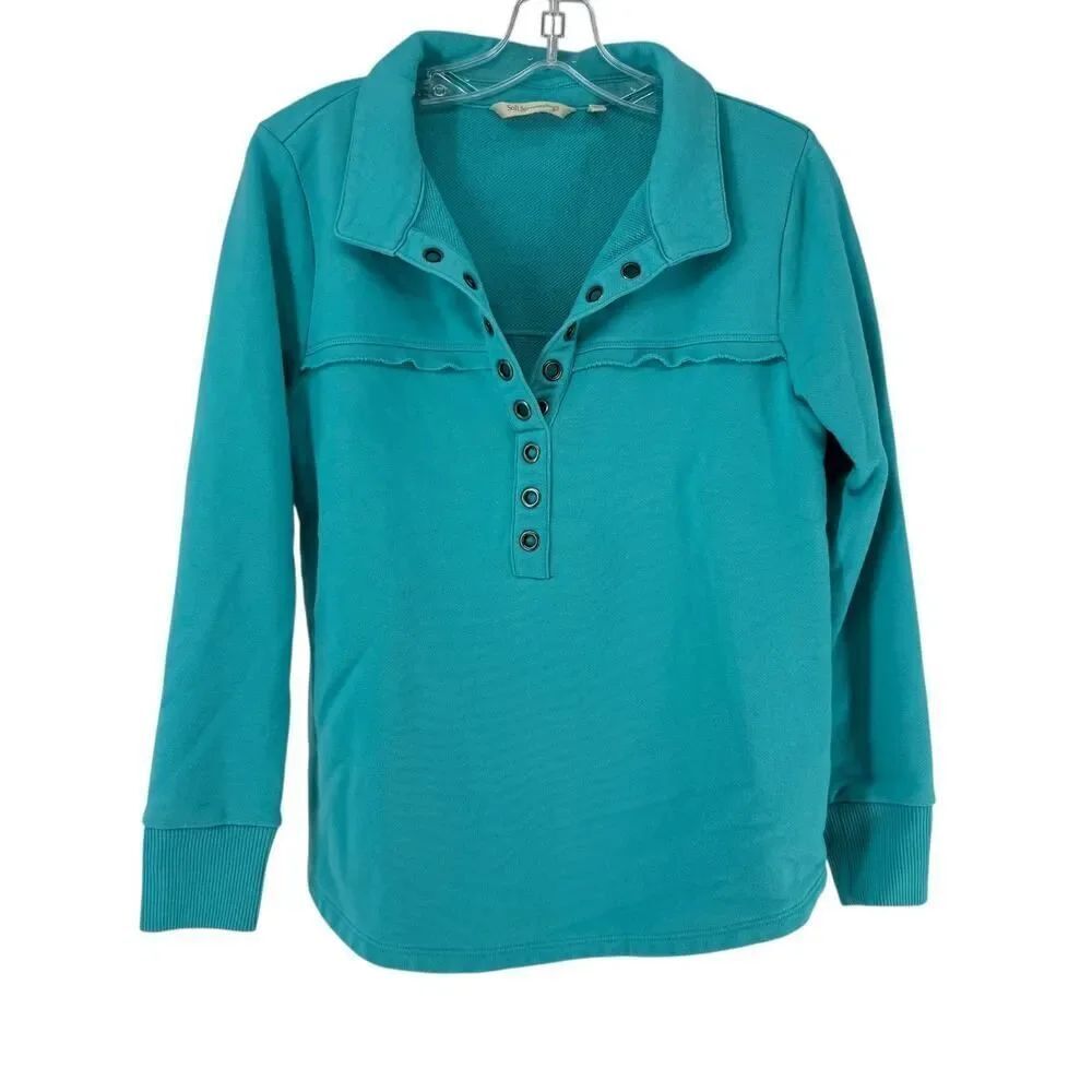 Soft Surroundings Sweatshirt Top Adalyn Pullover XS Turquoise Collared V Neck